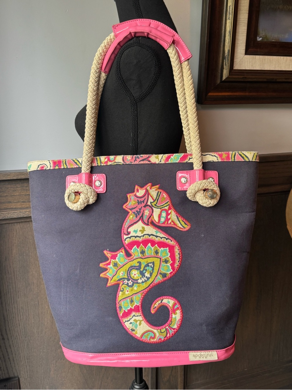 Spartina 449 Navy Tote with Pink Trim and Multicolor Seahorse